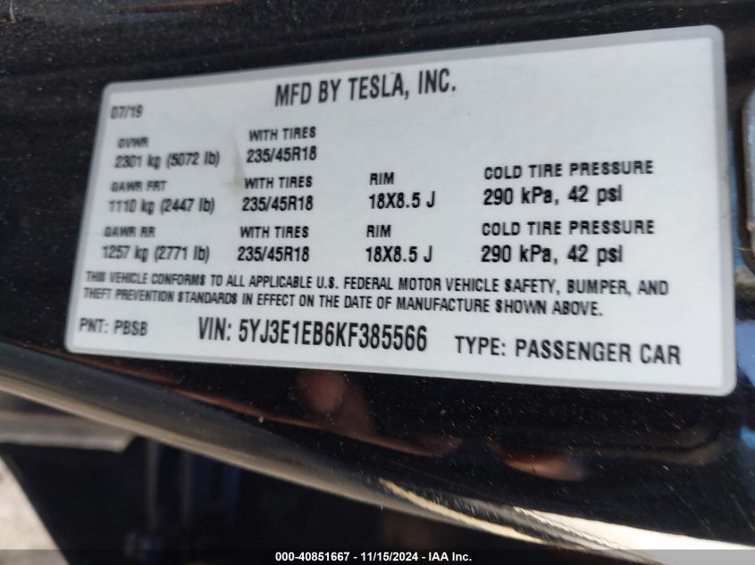 2019 Tesla Model 3 Long Range/Performance VIN: 5YJ3E1EB6KF385566 Lot: 40851667