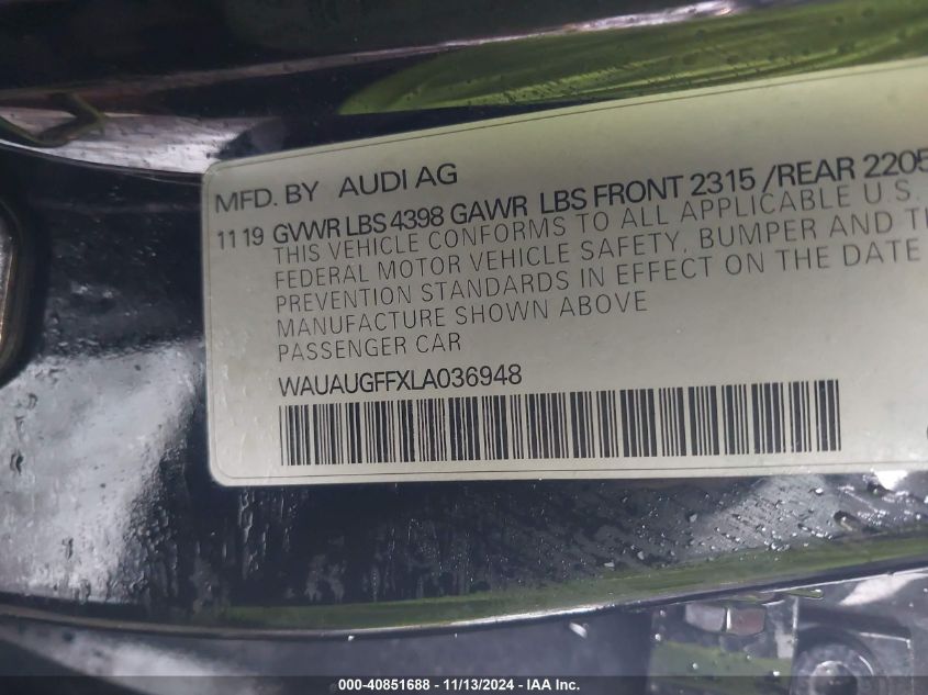 2020 Audi A3 Premium 40 Tfsi Front-Wheel Drive S Tronic VIN: WAUAUGFFXLA036948 Lot: 40851688