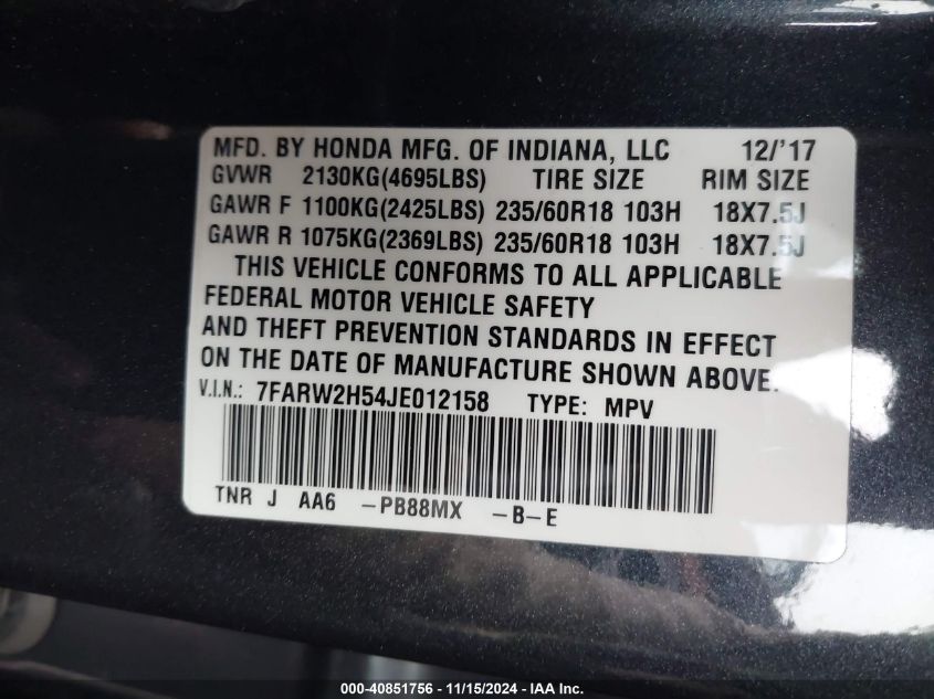 2018 Honda Cr-V Ex VIN: 7FARW2H54JE012158 Lot: 40851756