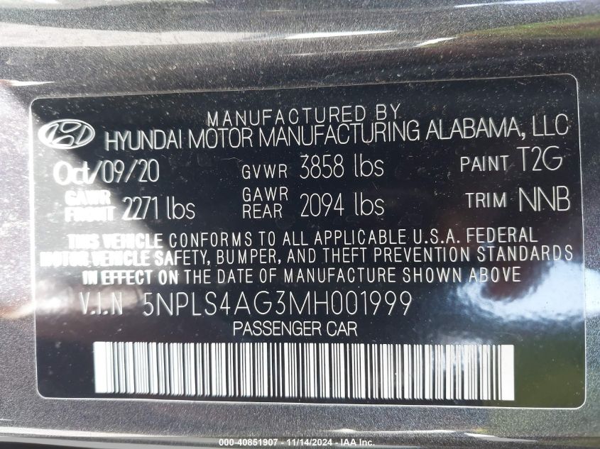 2021 Hyundai Elantra Sel VIN: 5NPLS4AG3MH001999 Lot: 40851907