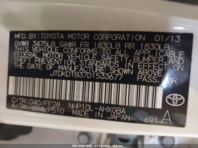 2013 Toyota Prius C Three VIN: JTDKDTB37D1533677 Lot: 40851908