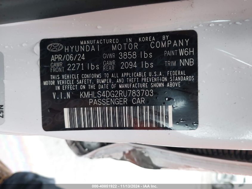 2024 Hyundai Elantra Sel VIN: KMHLS4DG2RU783703 Lot: 40851922