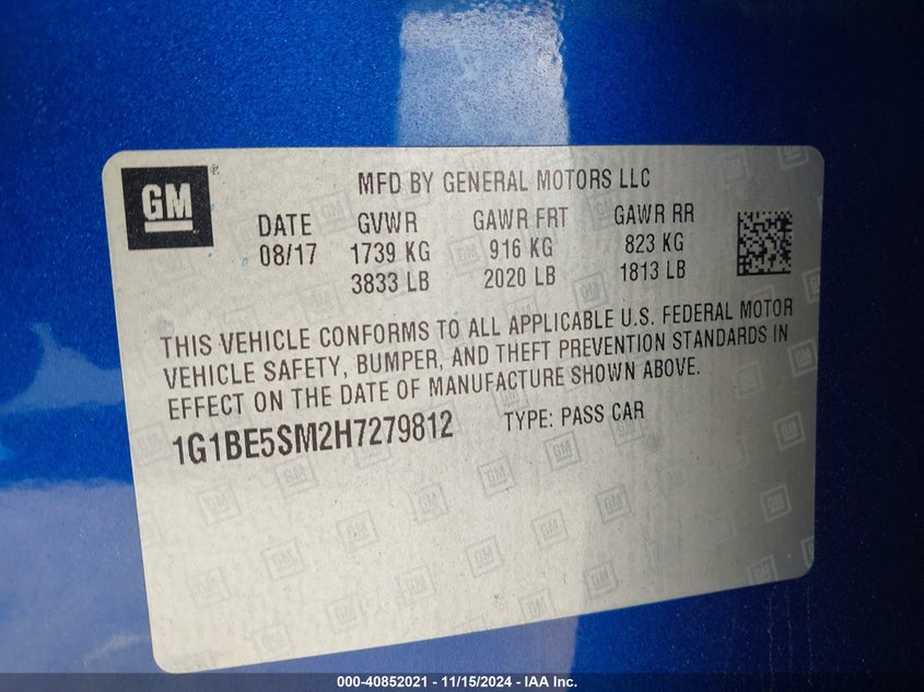 2017 CHEVROLET CRUZE VIN: 1G1BE5SM2H7279812