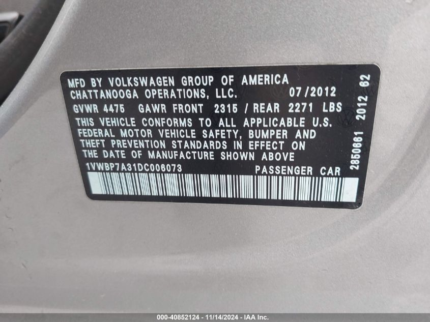 2013 VOLKSWAGEN PASSAT 2.5L SE - 1VWBP7A31DC006073