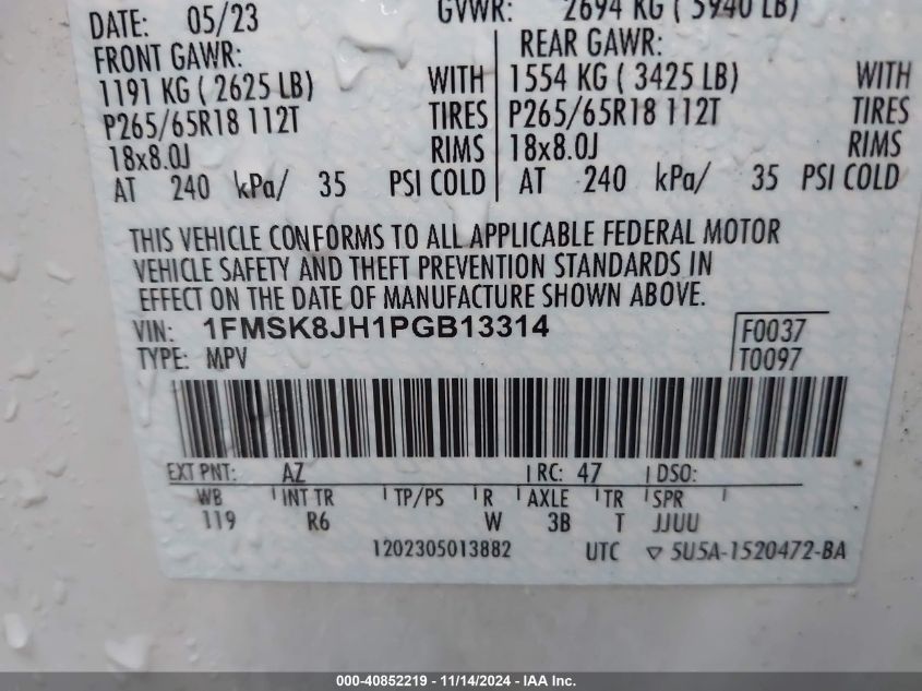 2023 Ford Explorer Timberline VIN: 1FMSK8JH1PGB13314 Lot: 40852219