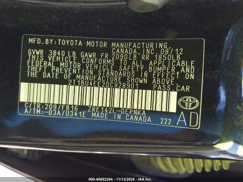 2013 Toyota Corolla Le VIN: 2T1BU4EE2DC928901 Lot: 40852304