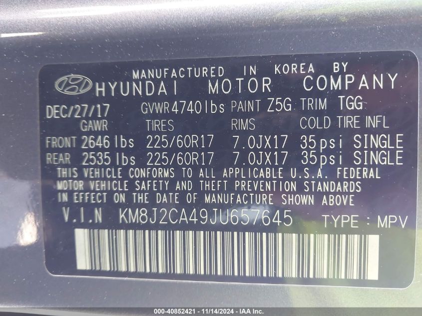 VIN KM8J2CA49JU657645 2018 Hyundai Tucson, SE no.9