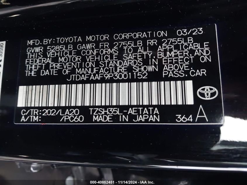 2023 Toyota Crown Platinum VIN: JTDAFAAF9P3001152 Lot: 40852451