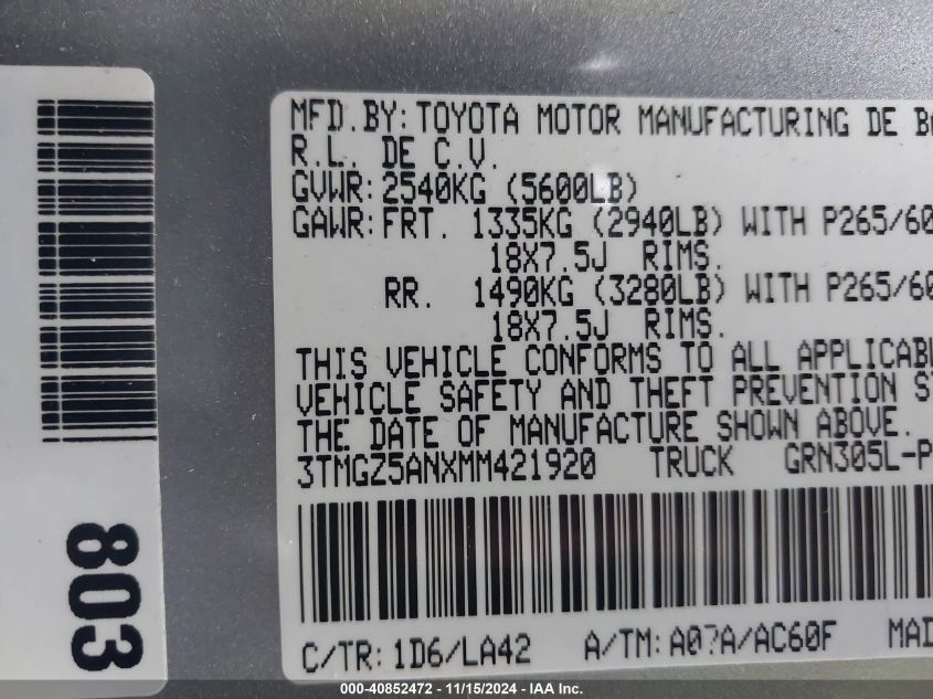 2021 Toyota Tacoma Limited VIN: 3TMGZ5ANXMM421920 Lot: 40852472