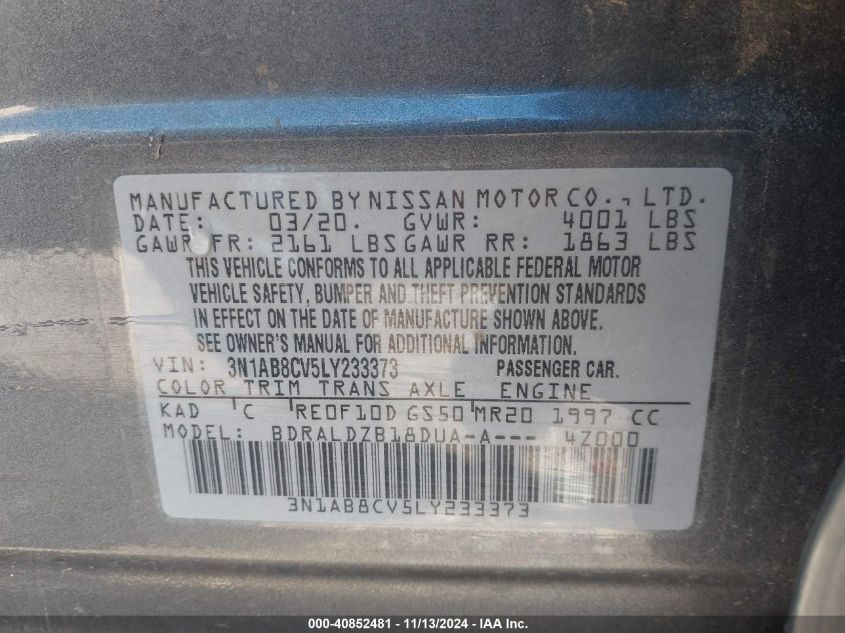 2020 NISSAN SENTRA VIN: 3N1AB8CV5LY233373