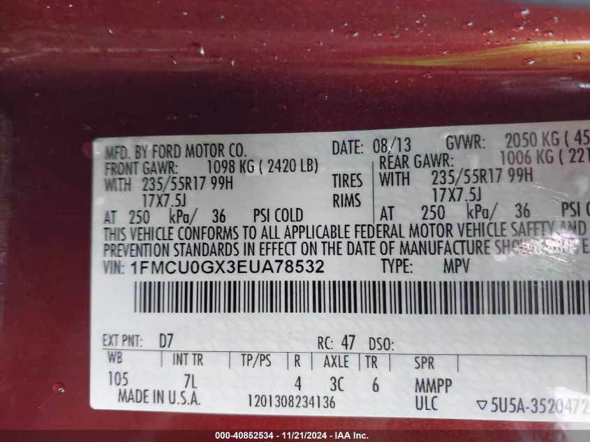 2014 Ford Escape Se VIN: 1FMCU0GX3EUA78532 Lot: 40852534