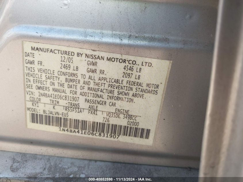 2006 NISSAN MAXIMA VIN: 1N4BA41E06C831907