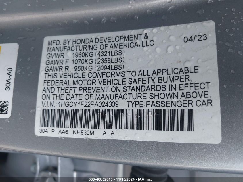 2023 Honda Accord Lx VIN: 1HGCY1F22PA024309 Lot: 40852613