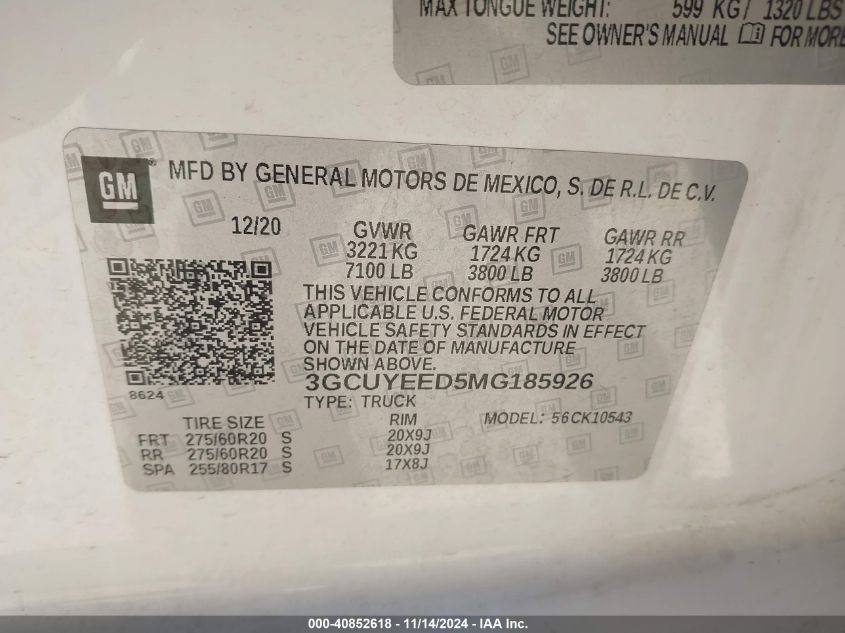 2021 Chevrolet Silverado 1500 4Wd Short Bed Rst VIN: 3GCUYEED5MG185926 Lot: 40852618
