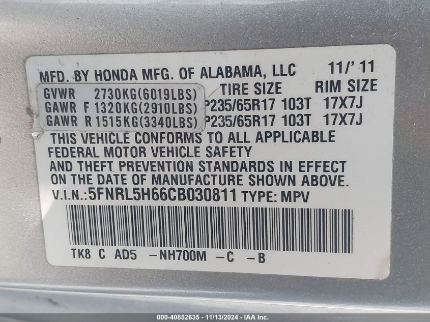 2012 Honda Odyssey Ex-L VIN: 5FNRL5H66CB030811 Lot: 40852635