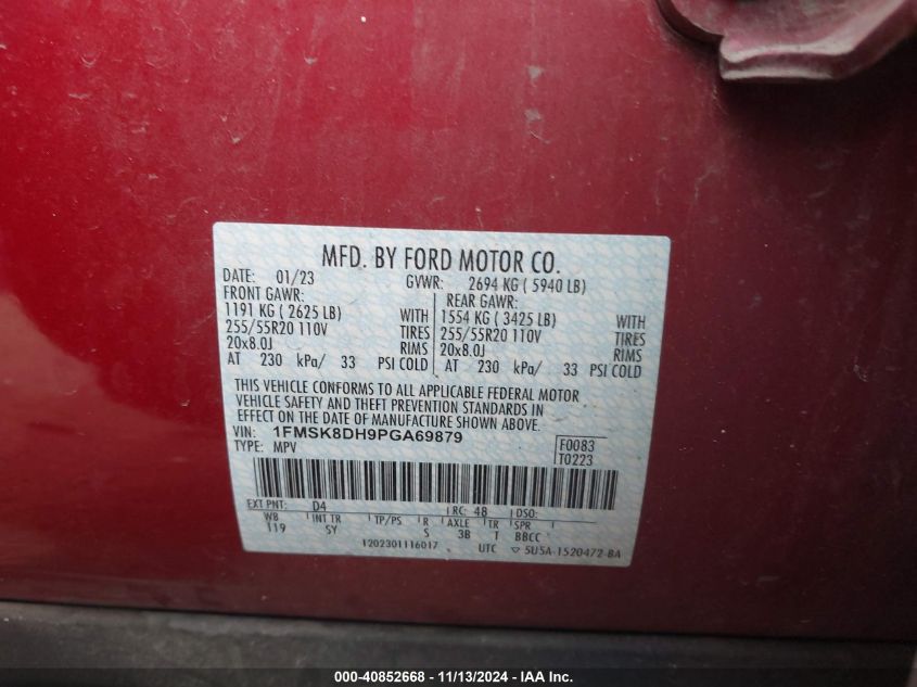 2023 Ford Explorer Xlt VIN: 1FMSK8DH9PGA69879 Lot: 40852668