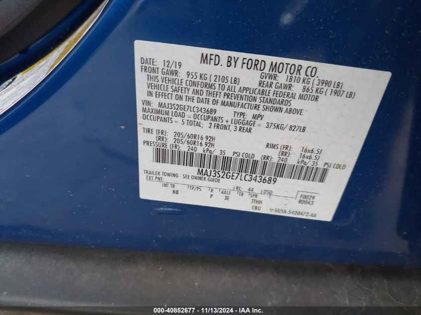 2020 Ford Ecosport Se VIN: MAJ3S2GE7LC343689 Lot: 40852677