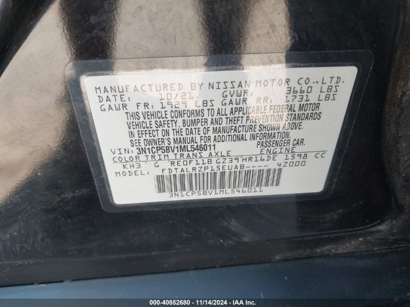 2021 Nissan Kicks S Xtronic Cvt VIN: 3N1CP5BV1ML546011 Lot: 40852680