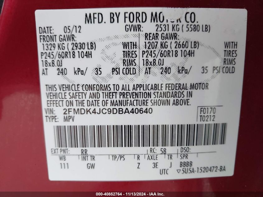 VIN 2FMDK4JC9DBA40640 2013 Ford Edge, Sel no.9