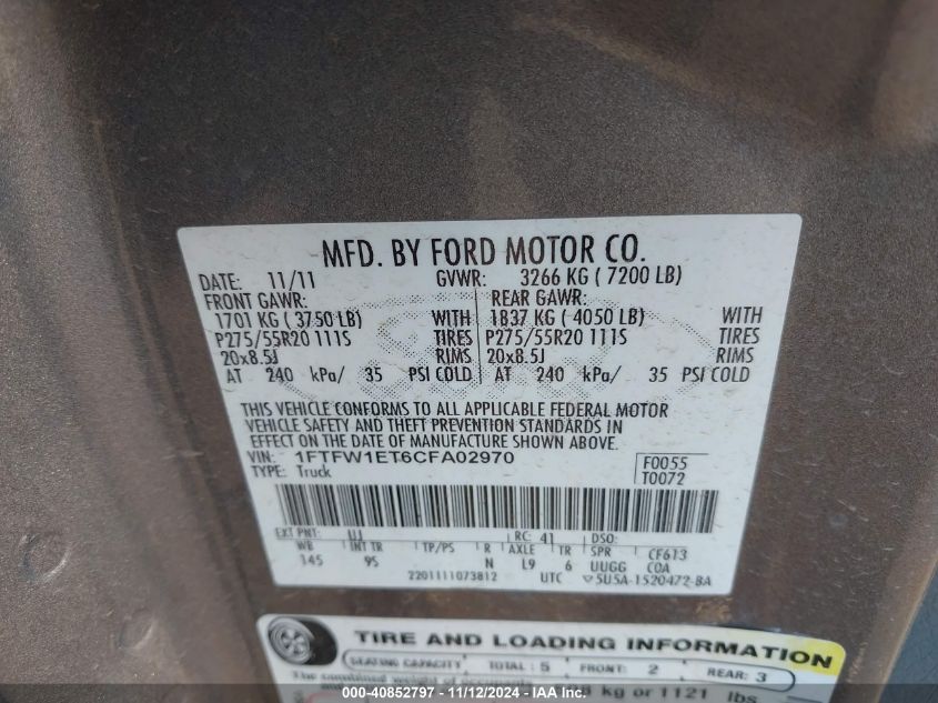 2012 Ford F-150 Platinum VIN: 1FTFW1ET6CFA02970 Lot: 40852797