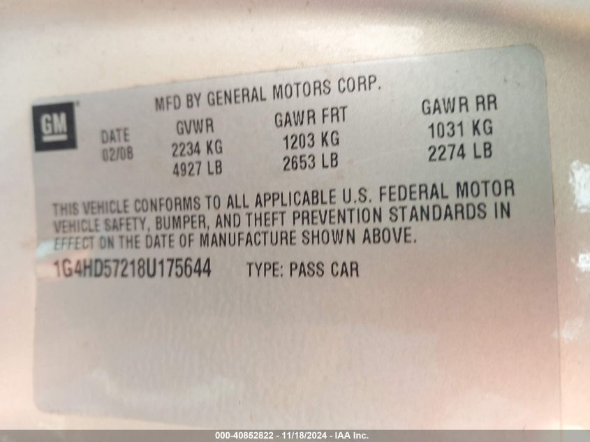 2008 BUICK LUCERNE VIN: 1G4HD57218U175644