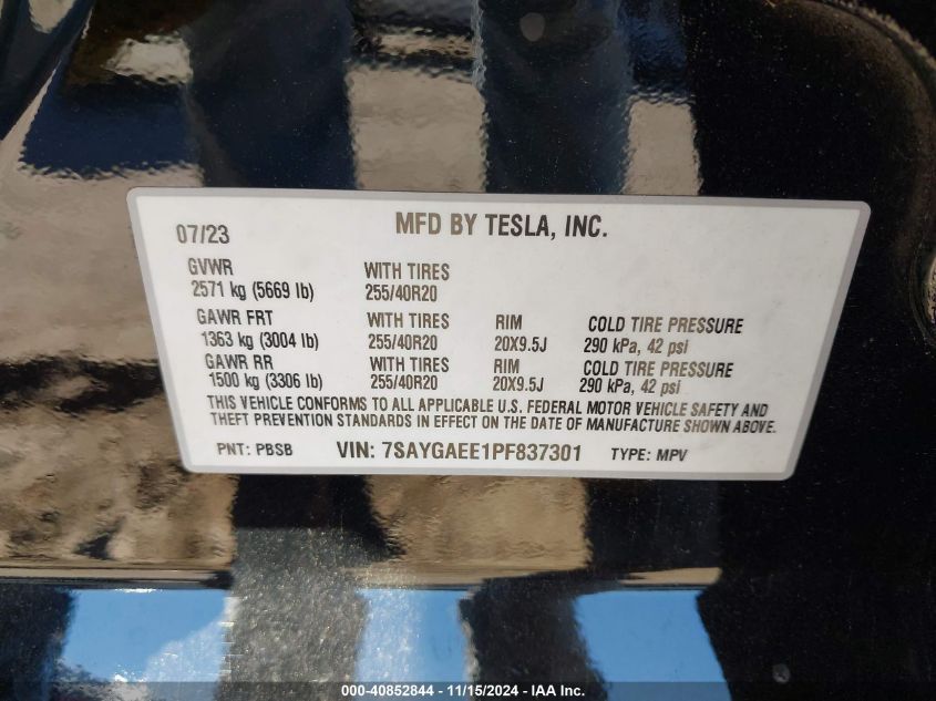 VIN 7SAYGAEE1PF837301 2023 TESLA MODEL Y no.9