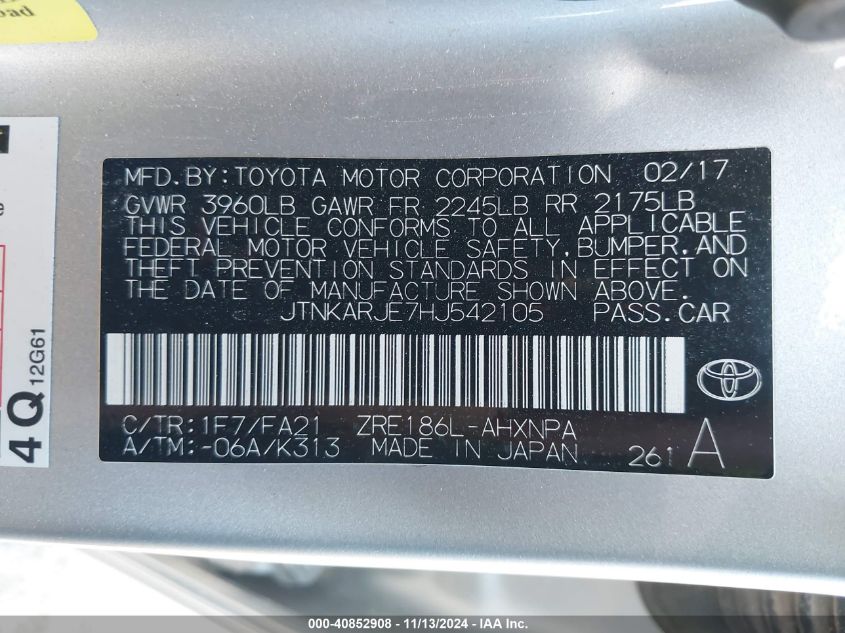 2017 Toyota Corolla Im VIN: JTNKARJE7HJ54210 Lot: 40852908