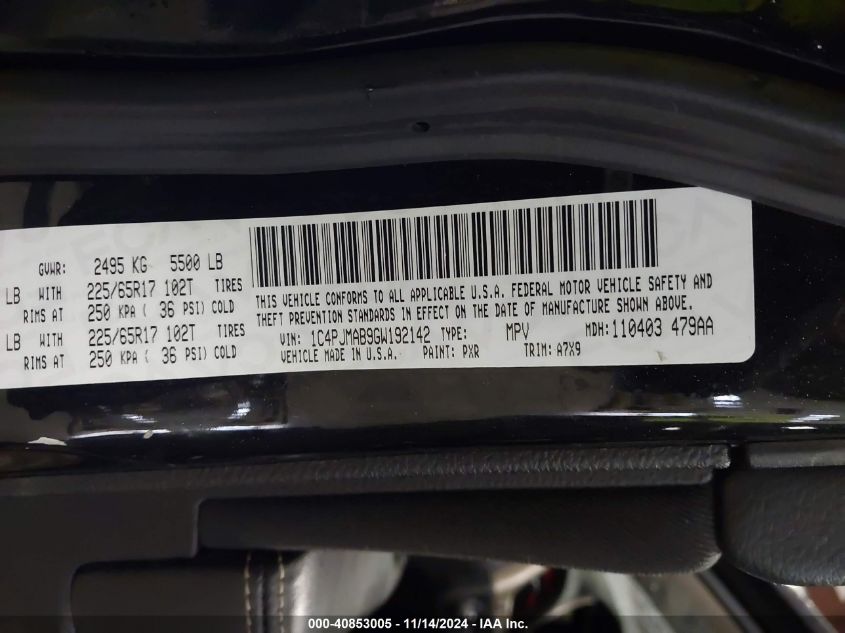 2016 JEEP CHEROKEE VIN: 1C4PJMAB9GW192142
