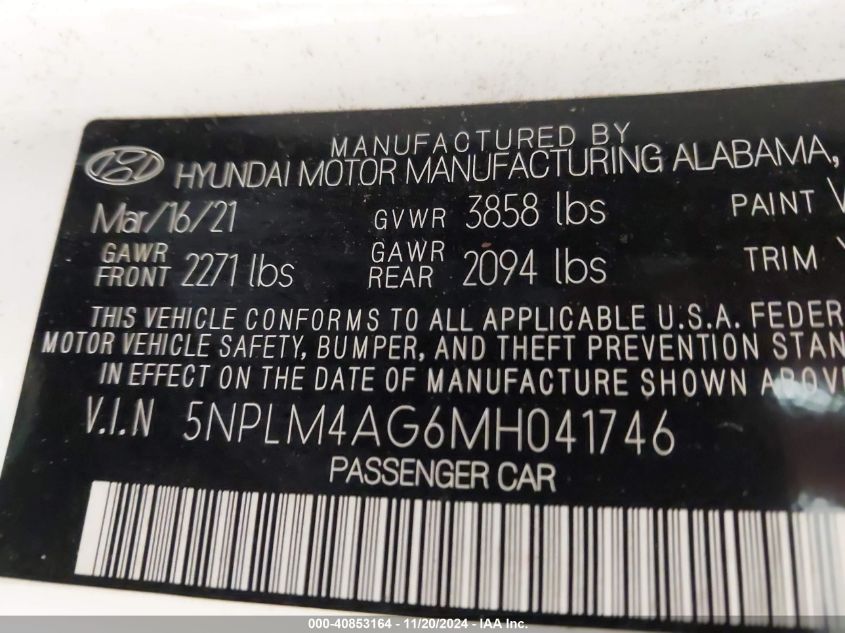 2021 Hyundai Elantra Sel VIN: 5NPLM4AG6MH041746 Lot: 40853164