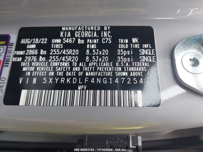 2022 Kia Sorento Sx VIN: 5XYRKDLF4NG147254 Lot: 40853183