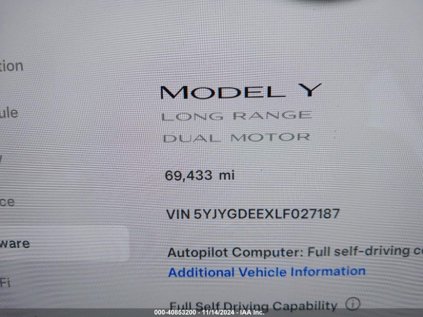 2020 Tesla Model Y Long Range Dual Motor All-Wheel Drive VIN: 5YJYGDEEXLF027187 Lot: 40853200