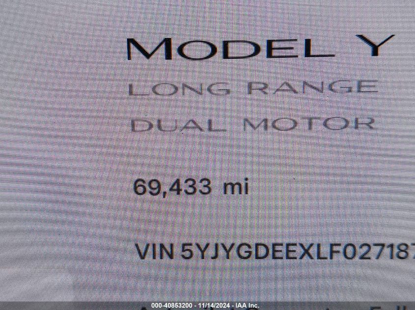 2020 Tesla Model Y Long Range Dual Motor All-Wheel Drive VIN: 5YJYGDEEXLF027187 Lot: 40853200