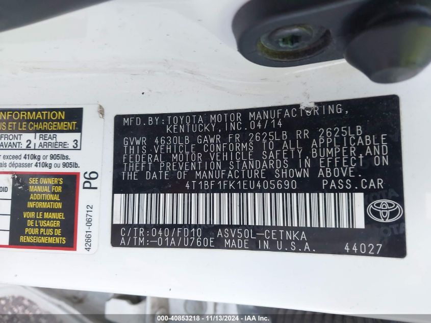 2014 TOYOTA CAMRY LE - 4T1BF1FK1EU405690