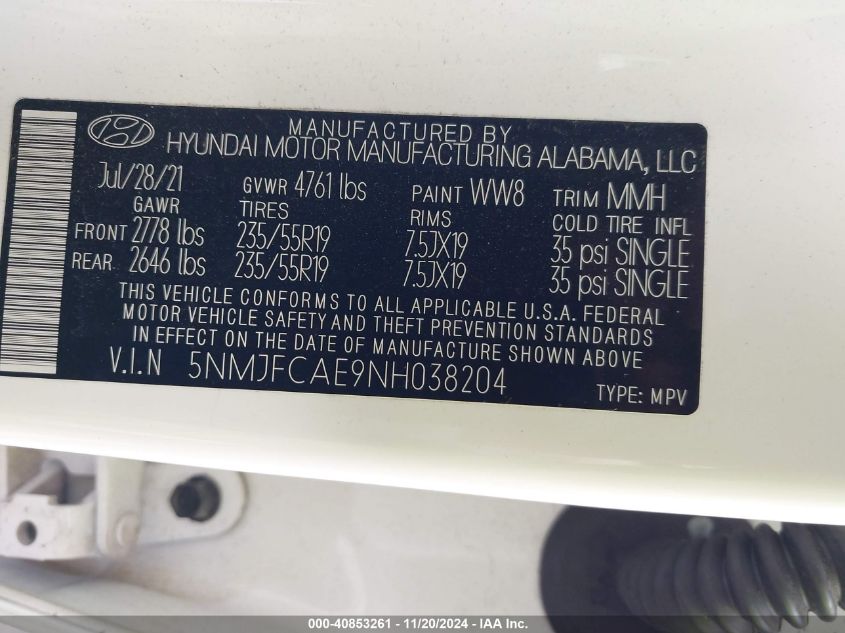 2022 Hyundai Tucson Sel VIN: 5NMJFCAE9NH038204 Lot: 40853261