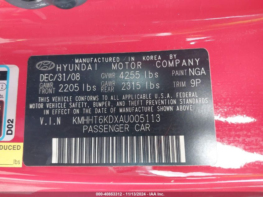 2010 Hyundai Genesis 2.0T Premium VIN: KMHHT6KDXAU005113 Lot: 40853312