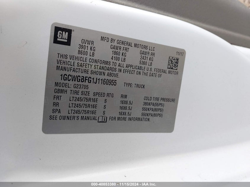 2018 CHEVROLET EXPRESS 2500 WORK VAN - 1GCWGBFG1J1160955