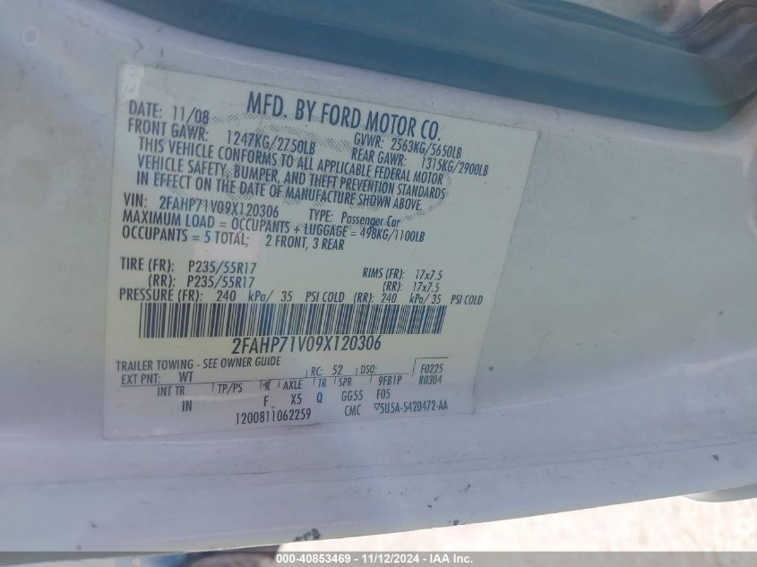 2009 Ford Crown Victoria Police/Police Interceptor VIN: 2FAHP71V09X120306 Lot: 40853469