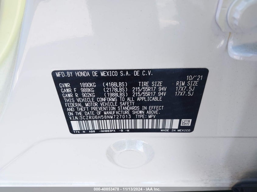 2022 HONDA HR-V VIN: 3CZRU6H58NM727013