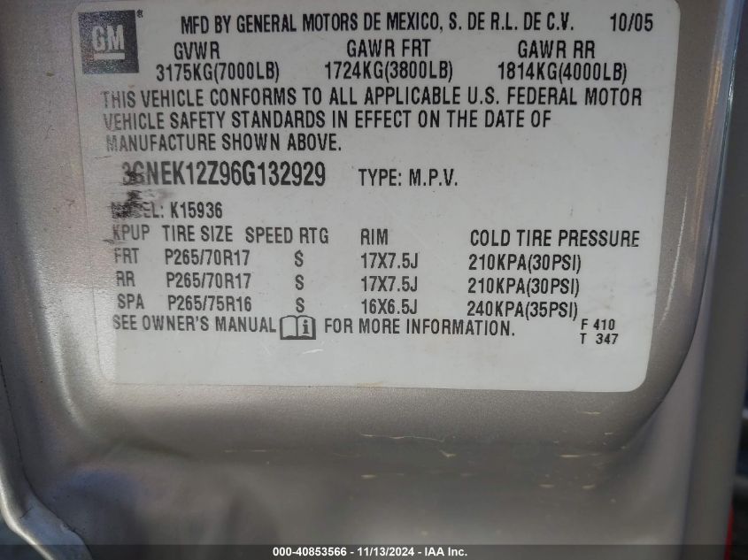 2006 Chevrolet Avalanche Z71 VIN: 3GNEK12Z96G132929 Lot: 40853566