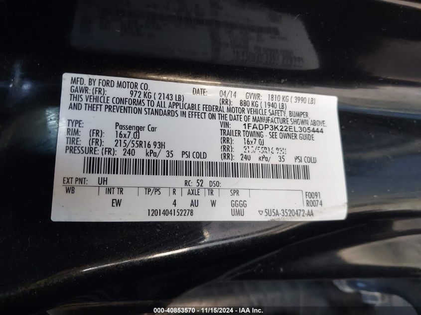 2014 FORD FOCUS SE - 1FADP3K22EL305444