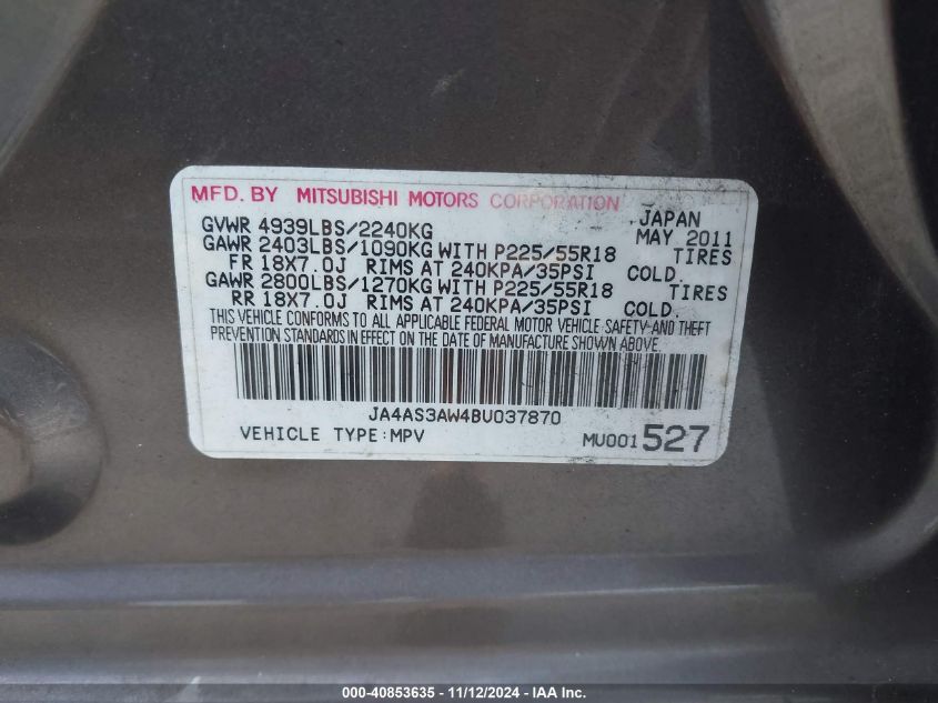 2011 Mitsubishi Outlander Se VIN: JA4AS3AW4BU037870 Lot: 40853635