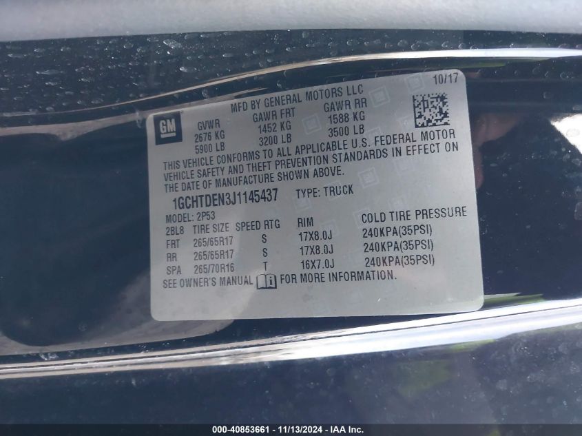 2018 CHEVROLET COLORADO VIN: 1GCHTDEN3J1145437