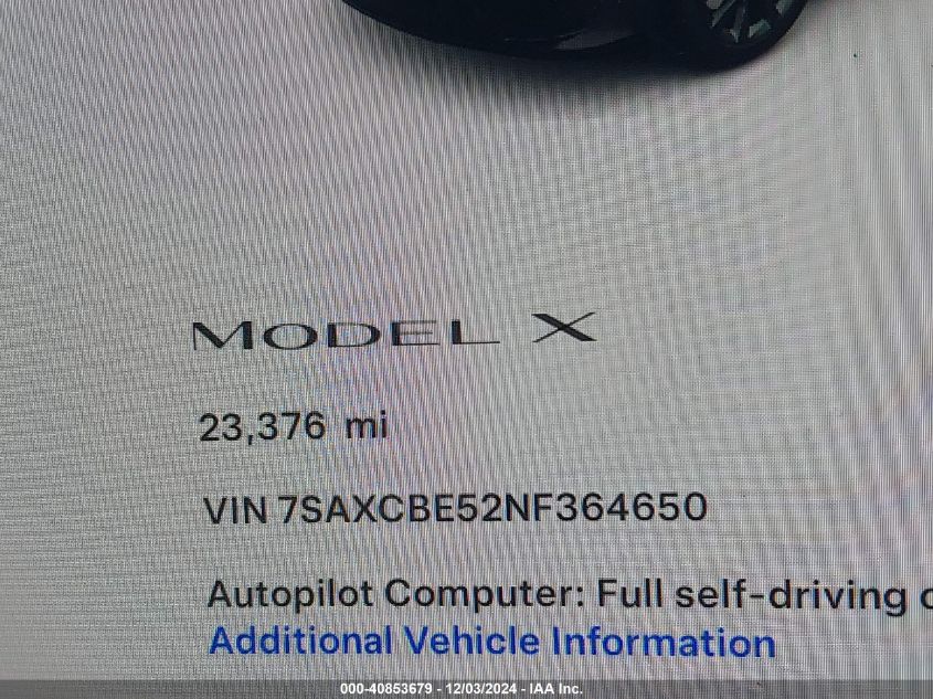 VIN 7SAXCBE52NF364650 2022 Tesla Model X, Dual Moto... no.15