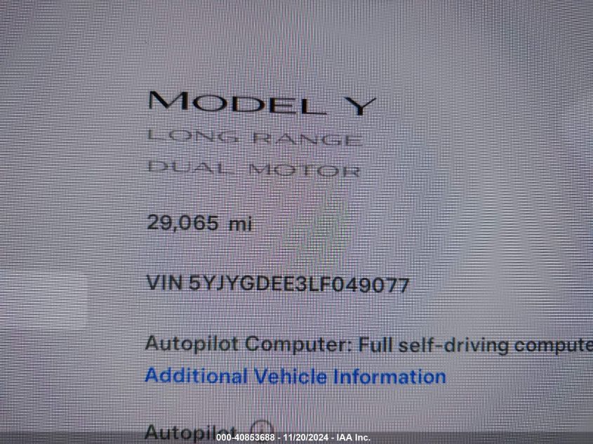 2020 Tesla Model Y Long Range Dual Motor All-Wheel Drive VIN: 5YJYGDEE3LF049077 Lot: 40853688