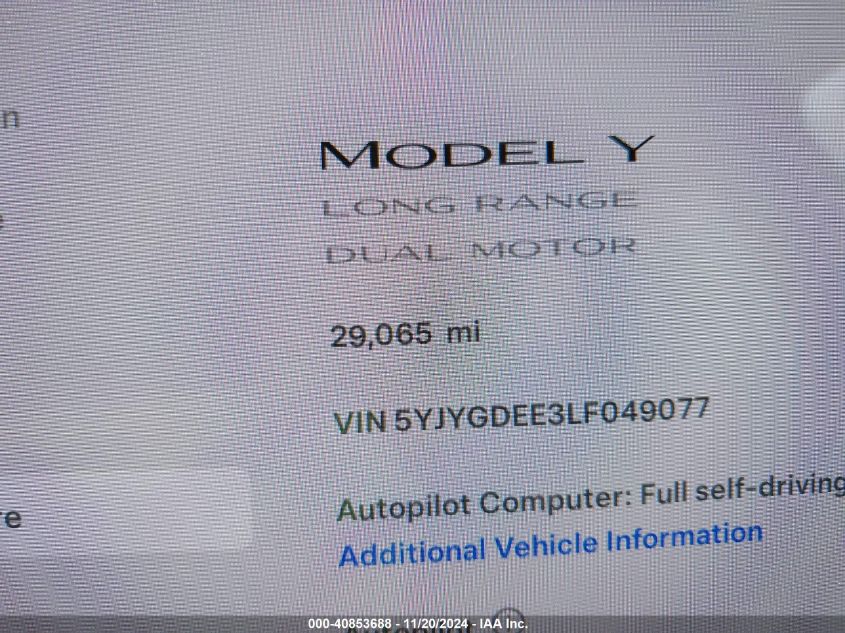 2020 Tesla Model Y Long Range Dual Motor All-Wheel Drive VIN: 5YJYGDEE3LF049077 Lot: 40853688