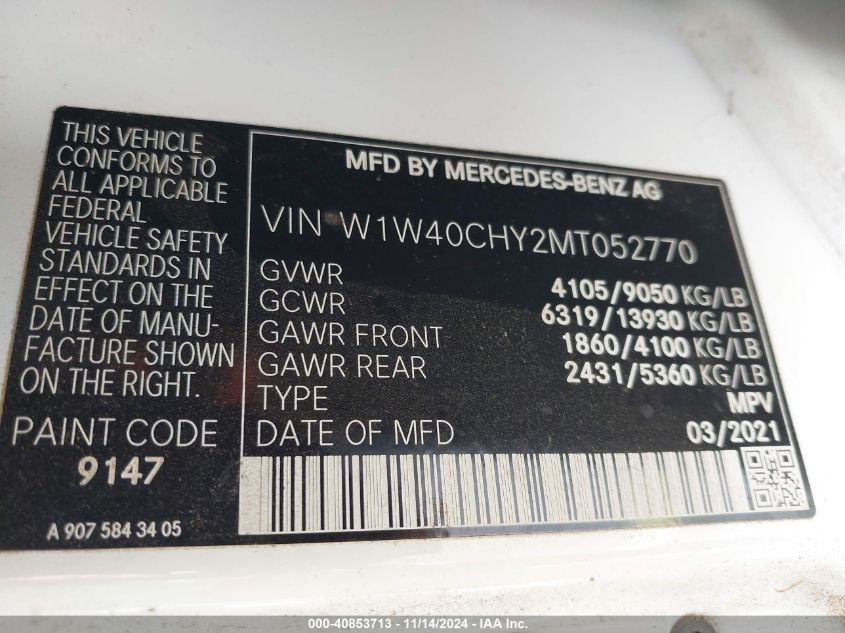 2021 Mercedes-Benz Sprinter 2500 High Roof I4 VIN: W1W40CHY2MT052770 Lot: 40853713