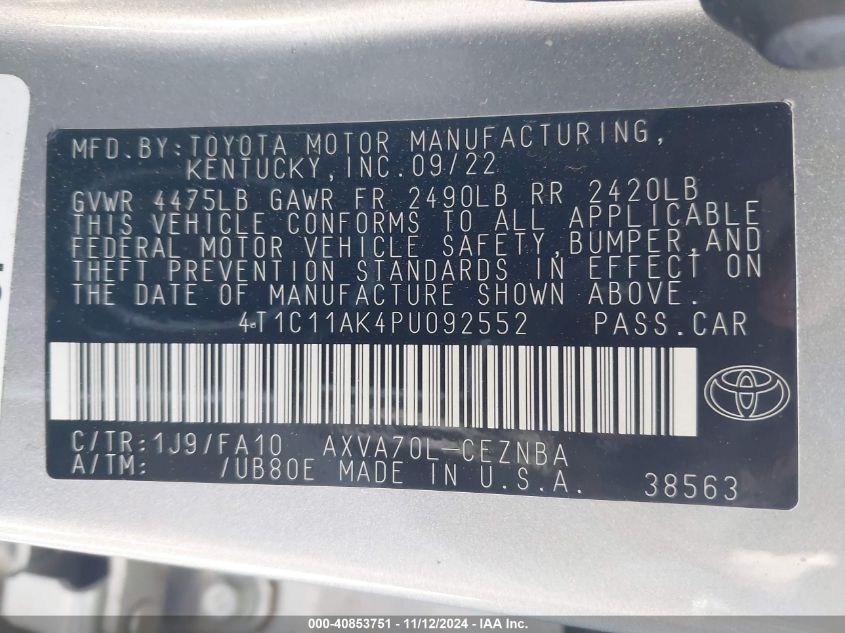 VIN 4T1C11AK4PU092552 2023 Toyota Camry, LE no.9