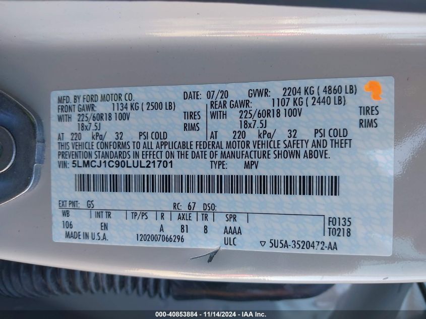 2020 Lincoln Corsair Standard VIN: 5LMCJ1C90LUL21701 Lot: 40853884