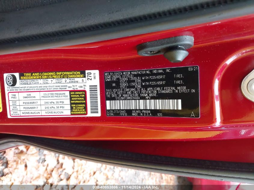 VIN 5TDJSKFCXMS014664 2021 TOYOTA SIENNA XLE