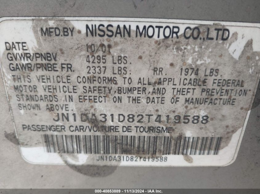 2002 Nissan Maxima Gxe VIN: JN1DA31D82T419588 Lot: 40853889